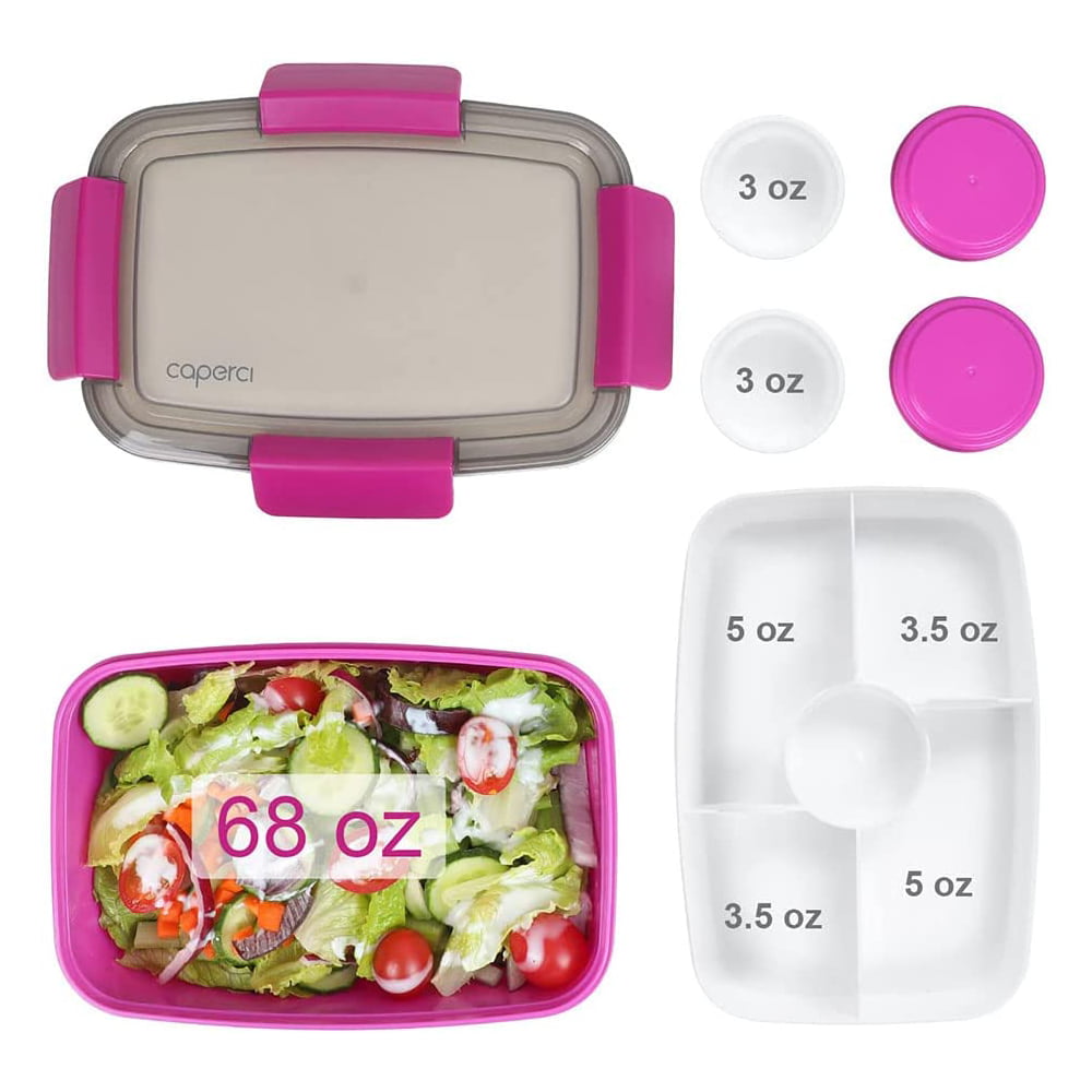  GiFBERA Large Salad Lunch Container - 68 oz Salad Bowl with 5  Compartments Bento-Style Tray, 2 pieces Salad Dressing Containers To Go,  Leak-Proof & BPA-Free (Pink): Home & Kitchen