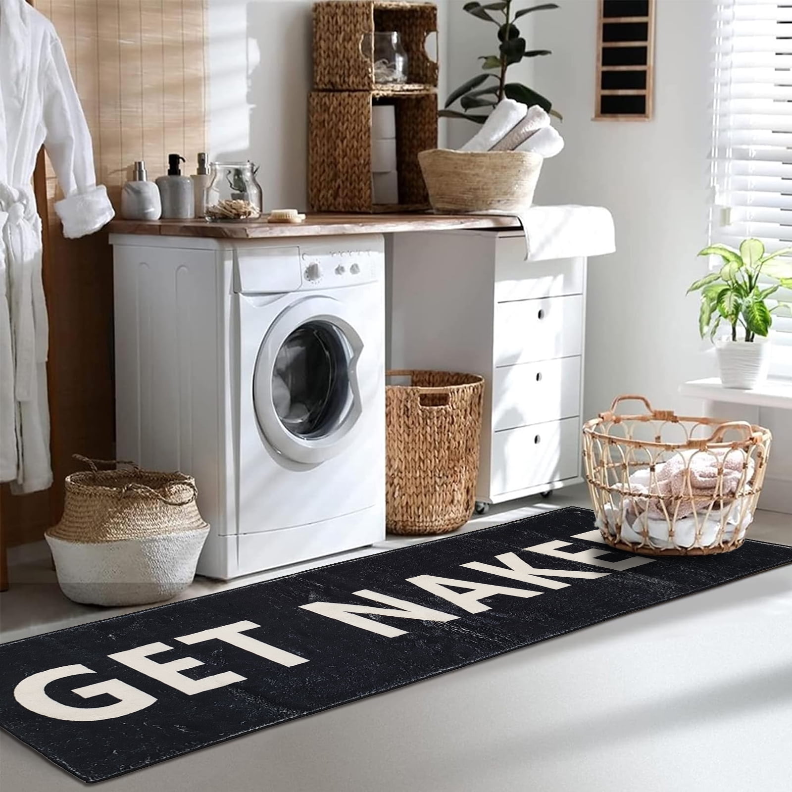 Black Get Naked Bath Mat, Cute Runner Black and White Get Naked Rug, Absorbent Non Slip Bathroom Long Mat, Funny Bathroom Decor for Bedroom Hallway Kitchen, Soft Plush Washable Shower Rug 16"×48"