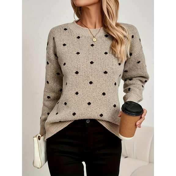 Plus Size Women's Polka Dot Sweater Long Sleeve Crew Neck Knit Pullover