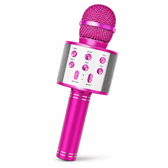 Wireless Bluetooth Karaoke Microphone for Kids,5-in-1 Portable Handheld Karaoke Mic Speaker Player Recorder with Adjustable Remix FM Radio for Kids Girls Boys Teens Birthday-Hot Pink
