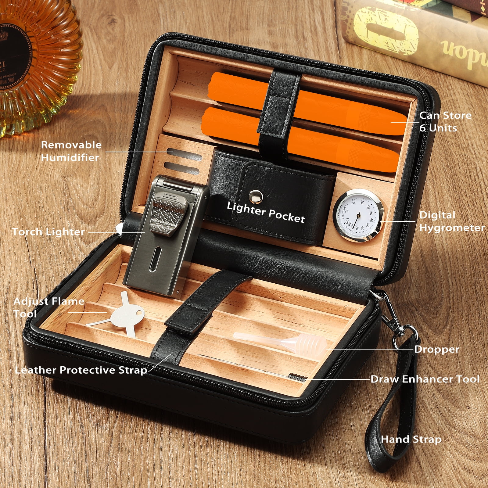 Portable Leather Cedar Wood Cigar Case with Double Jet Flame Lighter