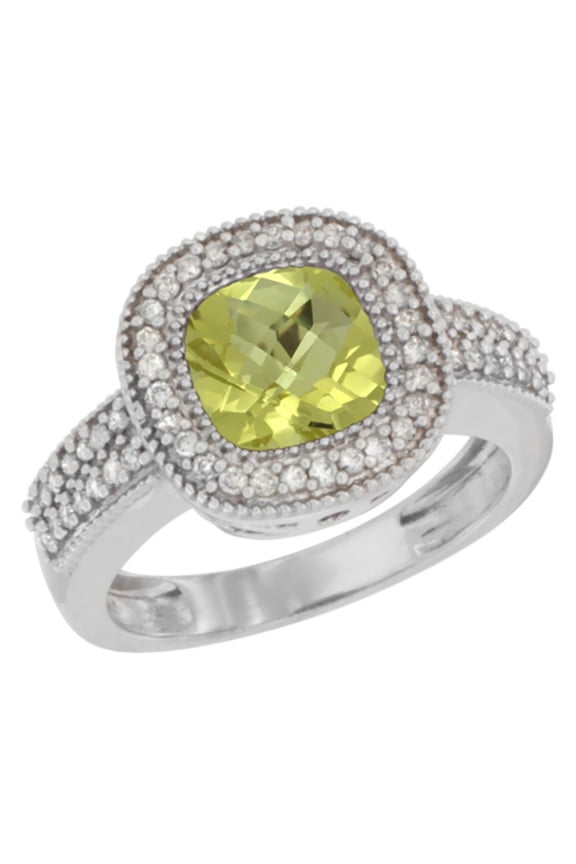 14K White Gold Natural Lemon Quartz Ring Cushion-cut 7x7mm Diamond Accent, size 8.5