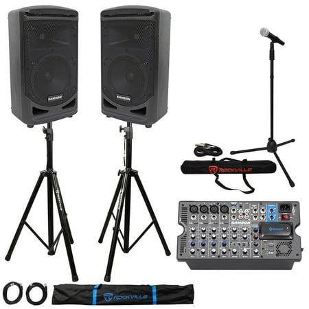 Samson Expedition XP800 800w 8" PA DJ Speakers+8-ch Mixer+Stands+Mic+Mic Stand