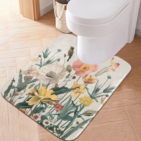 Toilet Rug U-Shaped Bathroom Rugs Non-Slip Soft Plush Machine Washable Contour Bath Mat Flowers with Bird 24x20