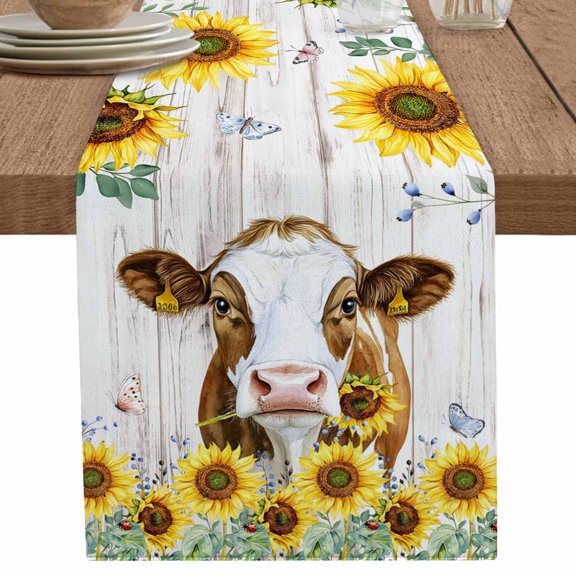 nqOlkjepod Farmhouse Cow Table Runner 36 Inches Long Farmhouse Dress Scarves, Vintage Country Sunflower Gray Wood Dining Tablerunner for Coffee Table/Kitchen Island/Party Décor, Small 13" x 36"