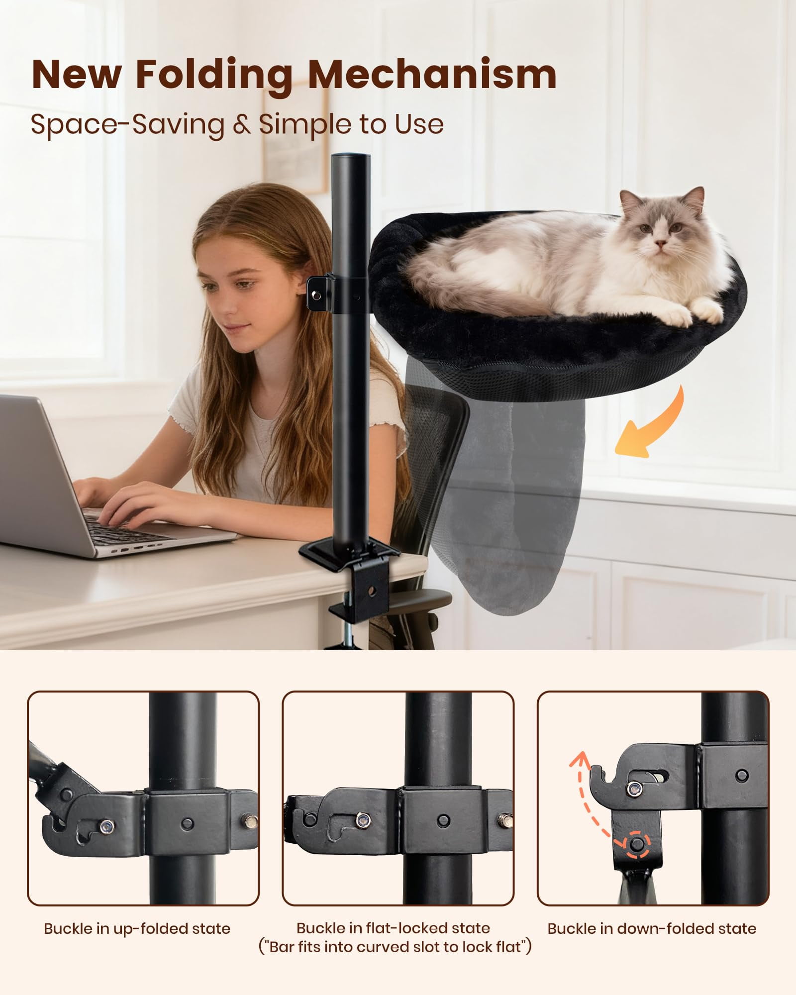 L&W BROS. Space-Saving Up & Down Foldable Cat Desk Hammock - Semi-Circle, 55lb Capacity for Large Cats, 360° Swivel, Machine Washable Plush Fleece Cover for Gaming Desks