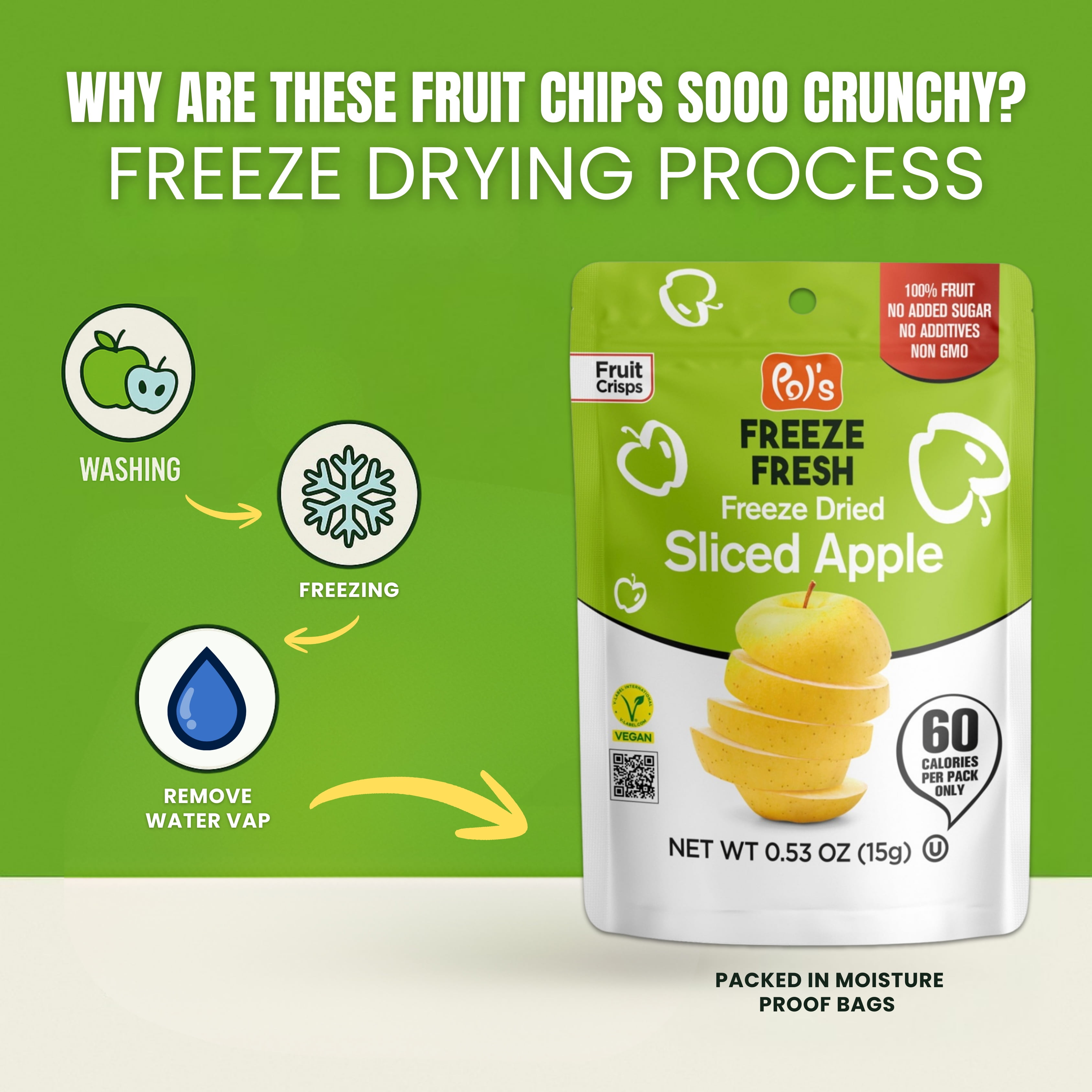 Pol’s Freeze Fresh Premium Freeze Dried Apples Sliced | Non-GMO, Kosher, Vegan, Gluten-Free, No Additives, No Added Sugar | 0.53 Oz (Pack of 12)