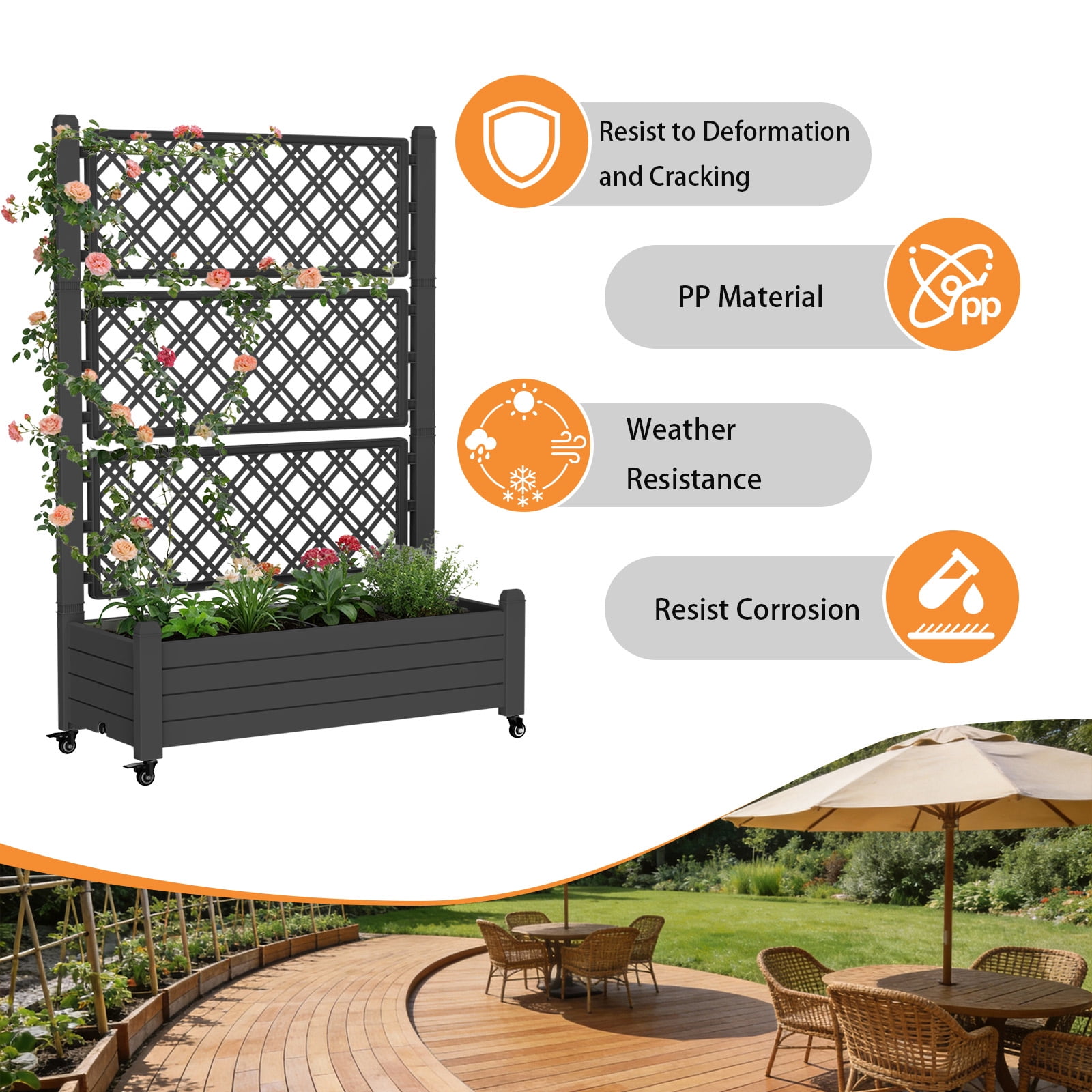 Fazzn Raised Garden Bed with Trellis, Large Outdoor Planter Trellis Box with Drainage Holes and Wheels for Climbing Plants.(Black）
