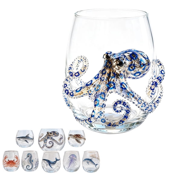 Octopus Wine Glass, Handcrafted 3D Blue Ringed Octopus Stemless Glass, Ocean Themed Barware for Wine and Cocktails