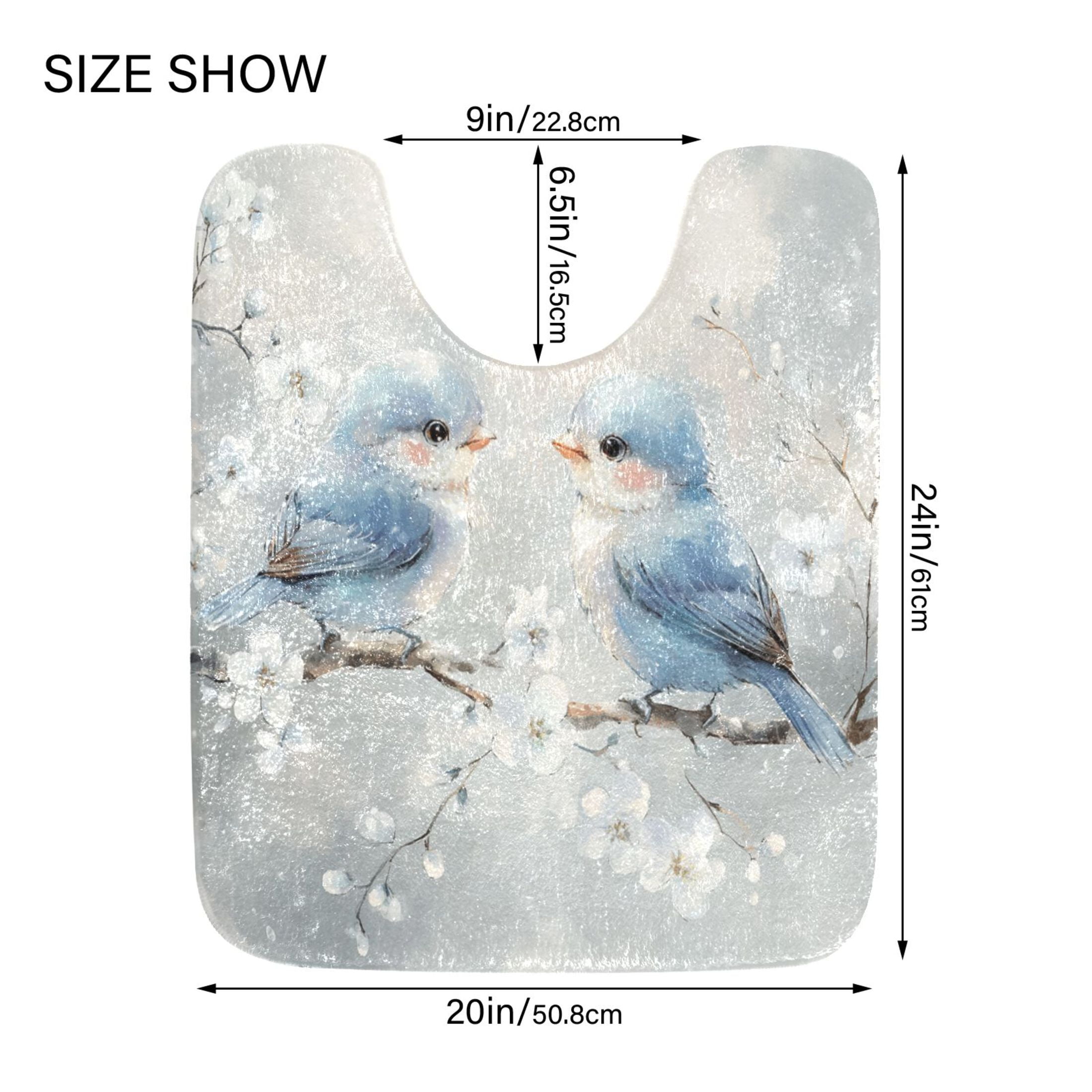 2 Piece Soft Bathroom Rug Set Cute Blue Birds Bath Mat and U-Shaped Toilet Contour Rug (16"x24"+20"x24")