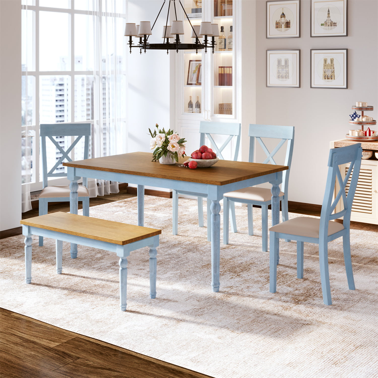 Juego de sillas de comedor de 6 piezas, mesa de comedor rectangular con 4  sillas tapizadas y un banco, juego de sillas de mesa de cocina de madera