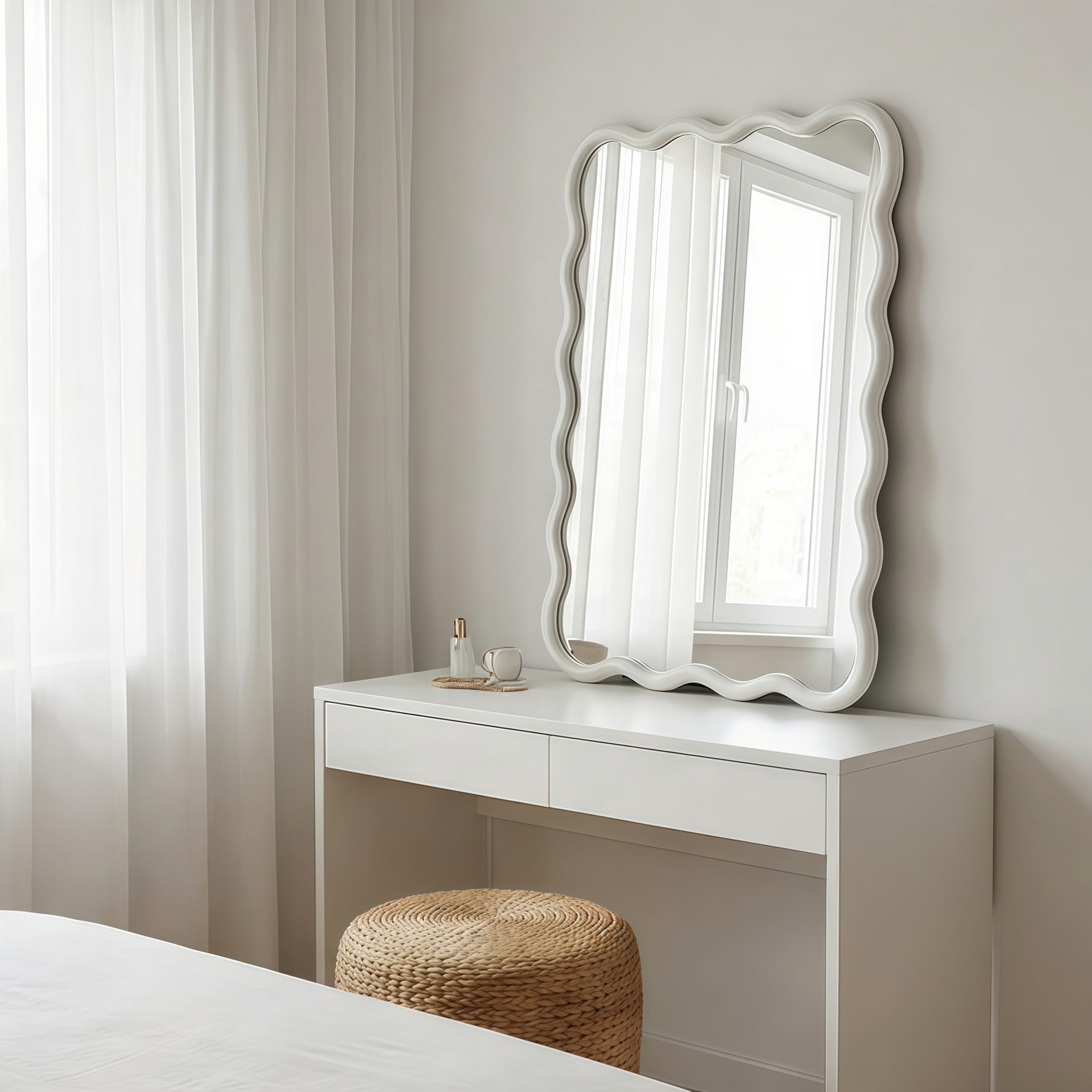 Noble House 20"x30" Wavy Rectangle Wall Mirror, Solid Wood Decorative Vanity Mirror, White