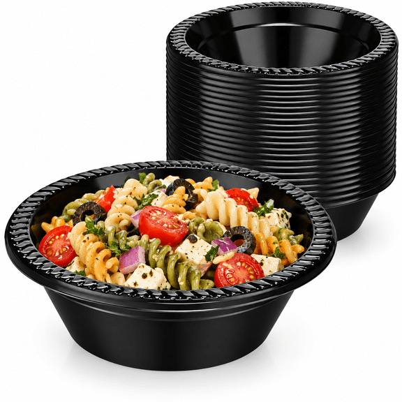 50 Pcs 12oz Black Disposable Plastic bowls Dessert Cups Ice Cream Snack Salad Soup Food Serving Bowls for Party Favor Picnic