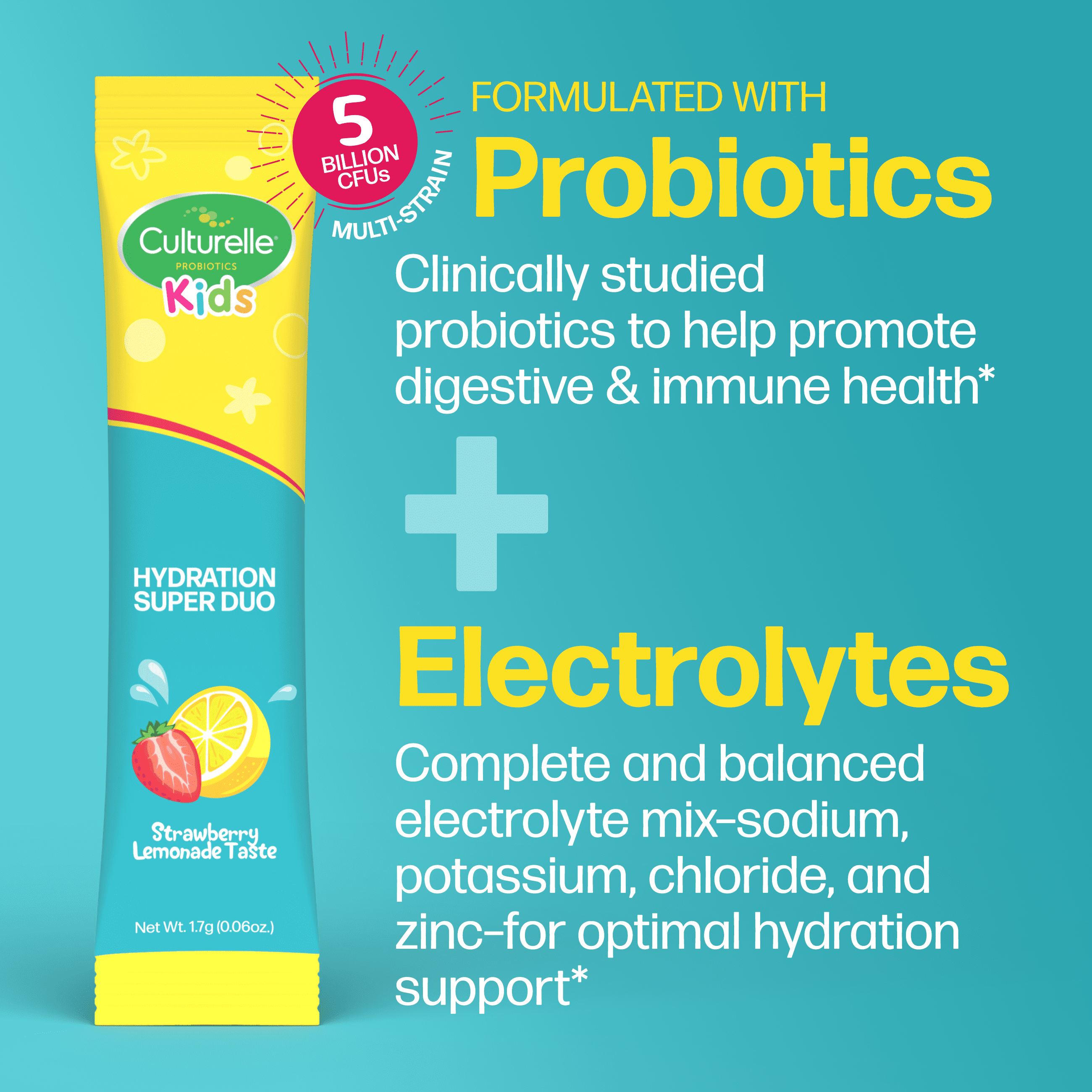 Culturelle Probiotics Kids Probiotic + Electrolytes Ready-to-Mix Supplement, Digestive Support for Children, Strawberry Lemonade Flavor, 30 Packets