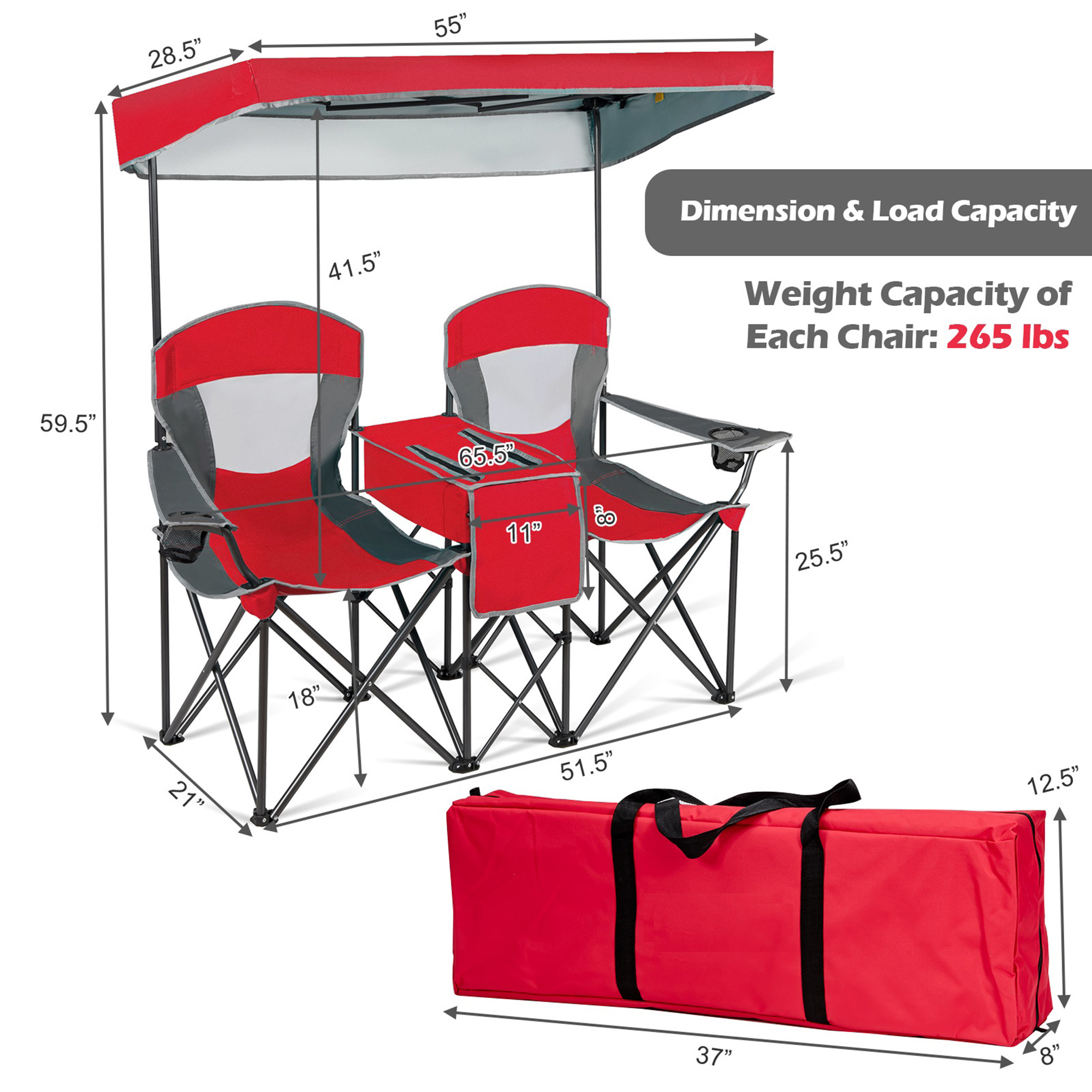 Gymax Folding 2-Person Camping Chair with Canopy and Cooler photo 2