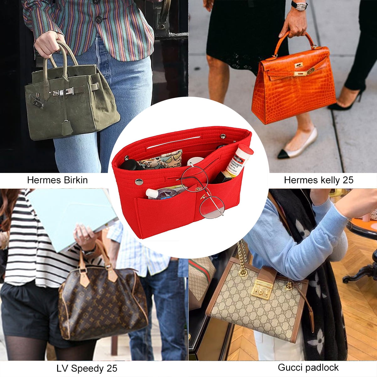 Felt Purse Organizer Insert , Bag Organizer Suitable for Speedy 35  Neverfull MM & Base Shaper Organizer for Tote Bag [Multiple Pockets]  (Large, Red)