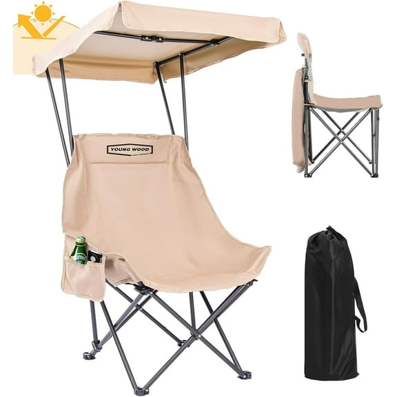 Camping Chair with Canopy, Beach Chair with Shade, Portable Fold Lightweight Oversized Suit for All, Easy to Open Without Installation, Side Pocket Design for All Outdoor Activities,Khaki
