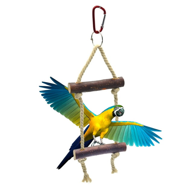 Flmtop Parrot Bird Climb Hanging Toy Log Standing Bar Stick Ladder Rope Pet Cage Decor Wood Color
