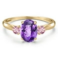 thumbnail image 3 of Gem Stone King 10K Yellow Gold Purple Amethyst and Pink Lab Grown Diamond 3-Stone Ring for Women | 1.46 Cttw | Oval Checkerboard 8X6MM | Gemstone February Birthstone | Size 7, 3 of 6