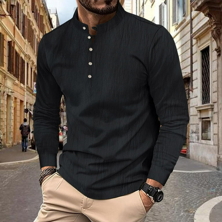 Yyeselk Cotton Linen Shirts for Men Button Up Stand Collar Long Sleeve Shirt  Regular Fit Vintage Classic Solid Lightweight Casual Pullover Shirt Black  XXXL - Walmart.com