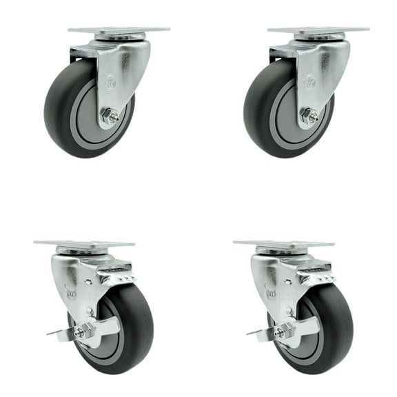 4 Inch Thermoplastic Rubber Wheel Swivel Top Plate Caster Set with 2 Brakes SCC