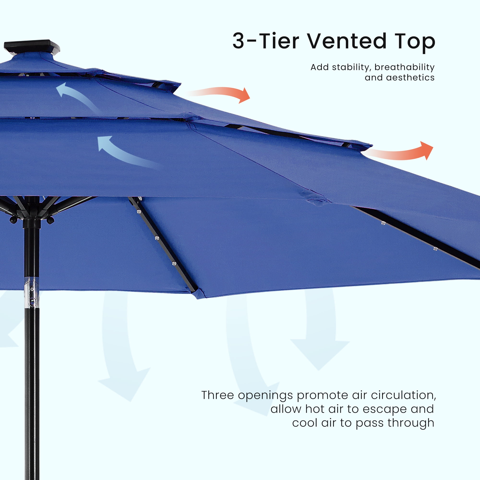 EDX 10ft 3-Tier Solar Patio Umbrella with 32 LED Lights, Outdoor Umbrellas with Push Button Tilt and Crank,Navy Blue