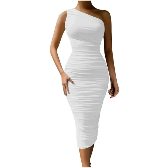 Efsteb Dresses for Women Crew Neck Ruched One Shoulder Wrap Slim Bodycon Dress Elegant Dresses Casual Sleeveless Dress Solid Color Fashion ,Size:XS