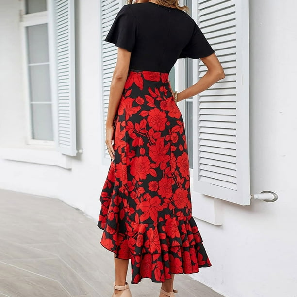 Cameland Summer Dresses for Women Short Sleeve V Neck Boho Floral Print Tie Waist High Low Ruffle Cocktail Maxi Dress Walmart