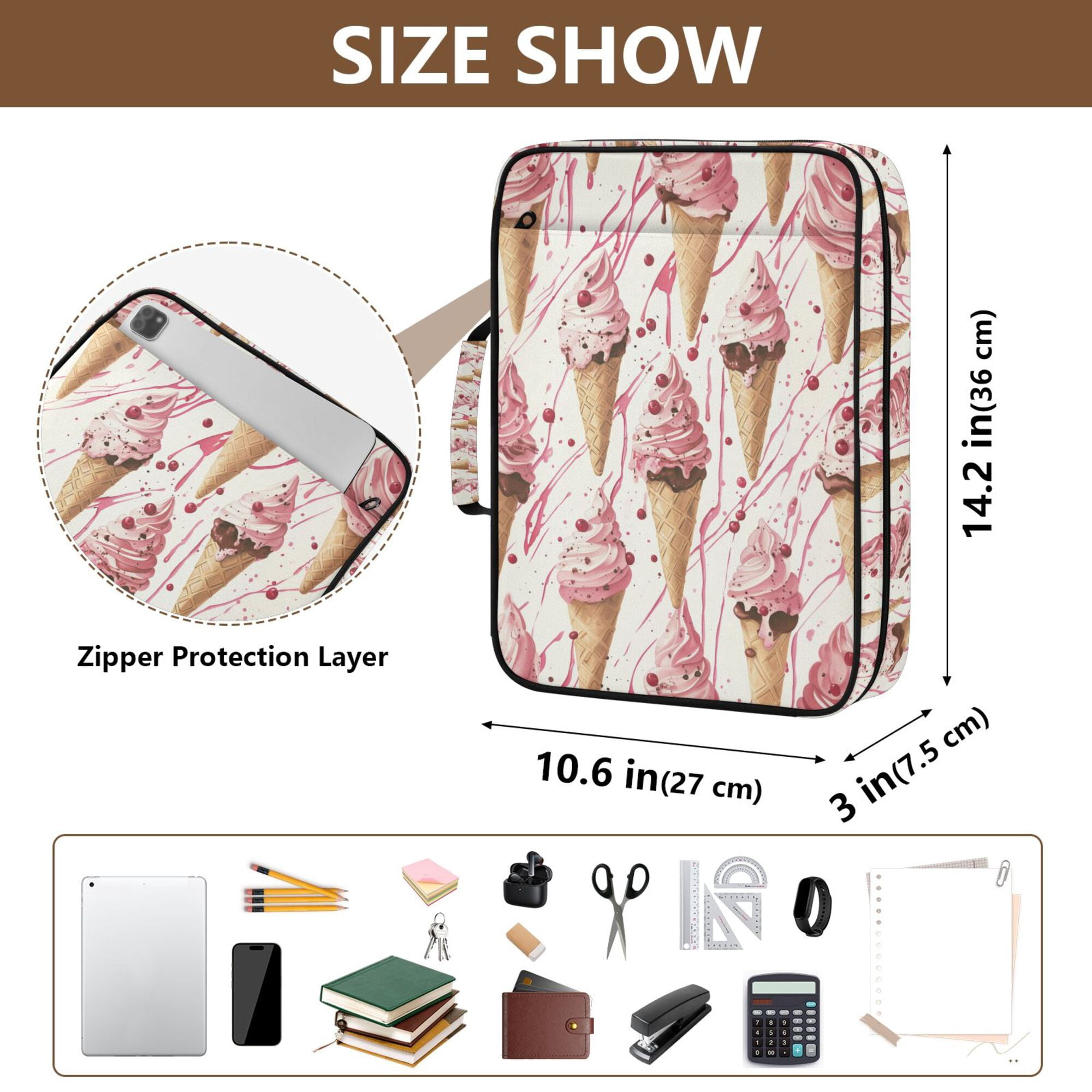FORMRS Accordion File Folder A4 Size 7-Pocket Expanding Document Organizer Bag with 3 Ring Binder, Pink Ice Cream Pattern