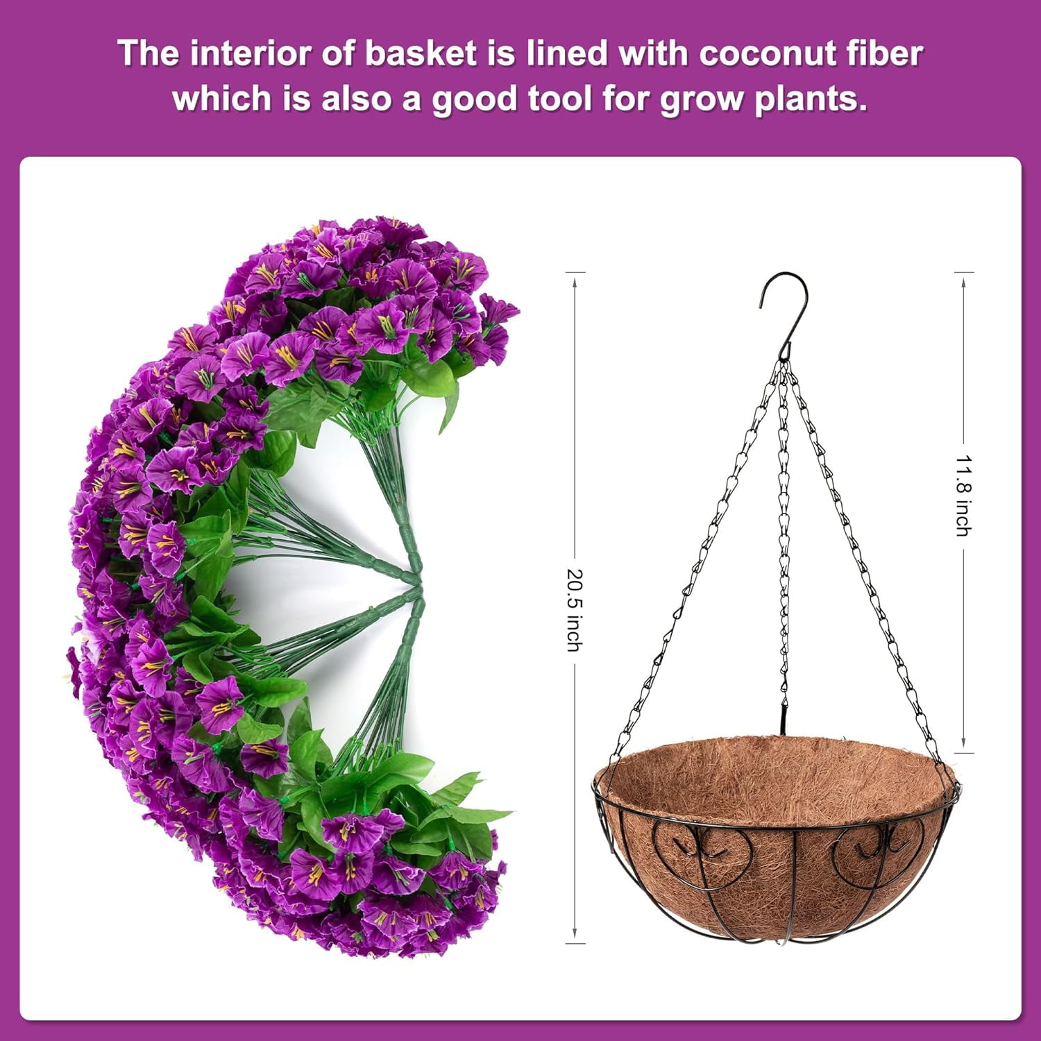 Artificial Hanging Flowers in Basket, Artificial Petunias Arrangement, inch Coconut Lining Basket with Morning Glories Fake Plants for Patio Garden Porch Deck Spring Decoration(Fuchsia)