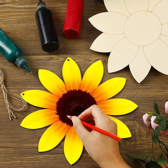 Toyvian 3Pcs Khaki Wooden Sunflower Decorations Unpainted Wood Cutouts for Crafting