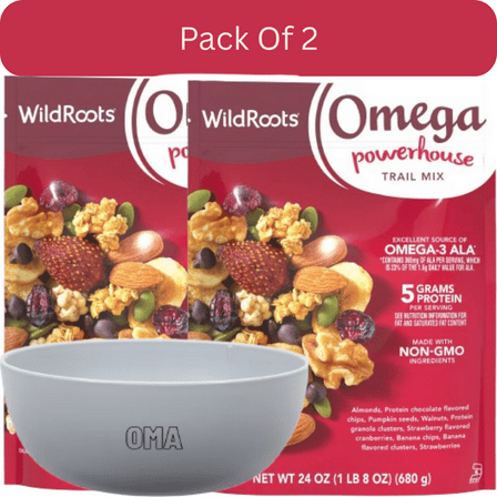 WildRoots Omega Powerhouse Trail Mix, Healthy Snack with Nuts & Fruit, 24 oz. With White Bowl By OMA