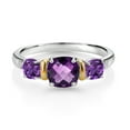 thumbnail image 2 of Gem Stone King 1.30 Ct Cushion Checkerboard Purple Amethyst 925 Silver and 10K Yellow Gold Diamond 3-Stone Ring (Size 7), 2 of 3