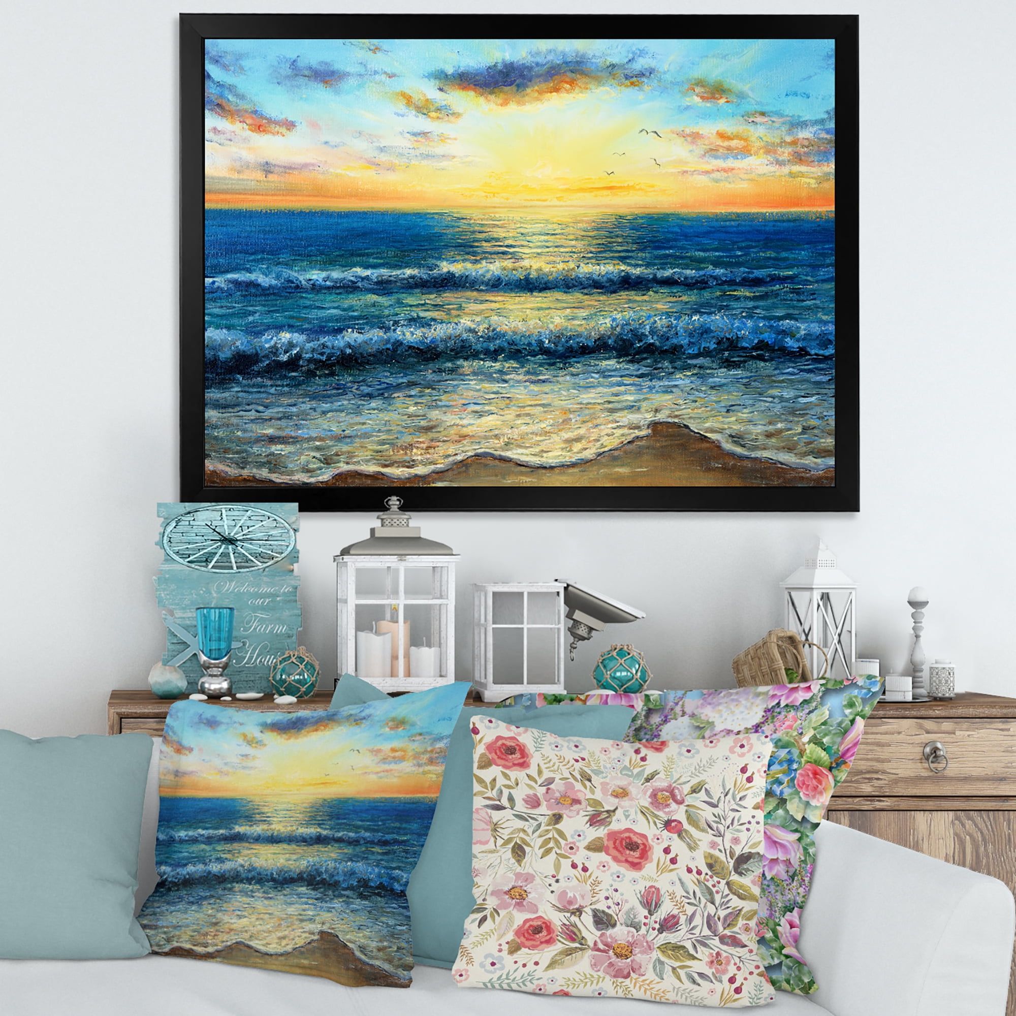 Designart 'Sunrise Glow On The Ocean Waves I' Nautical & Coastal Framed Art Print