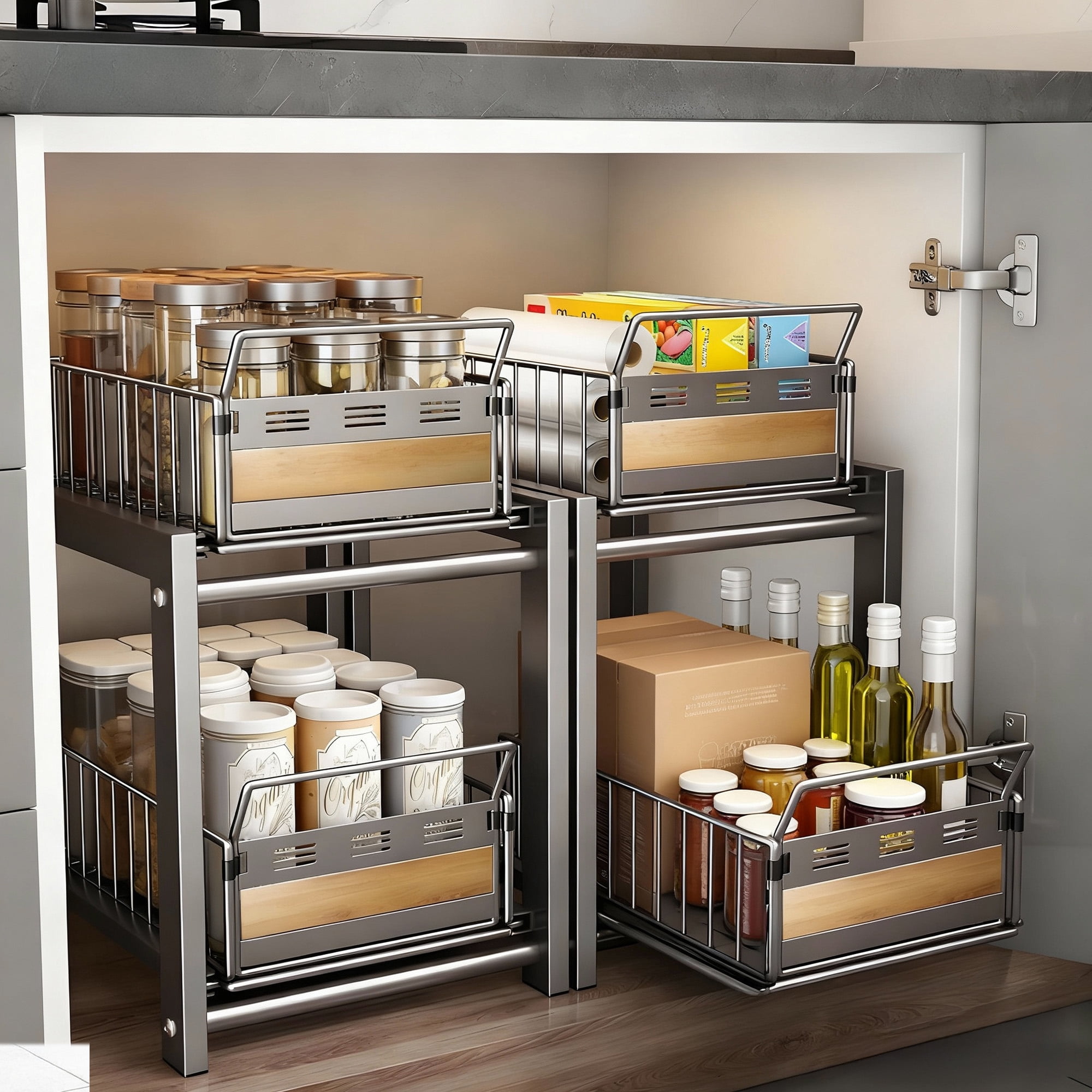 2-Tier Under Sink Storage, Metal Pull Out Cabinet Organizer, Double Sliding Basket Organizer for Kitchen, Bathroom, Black