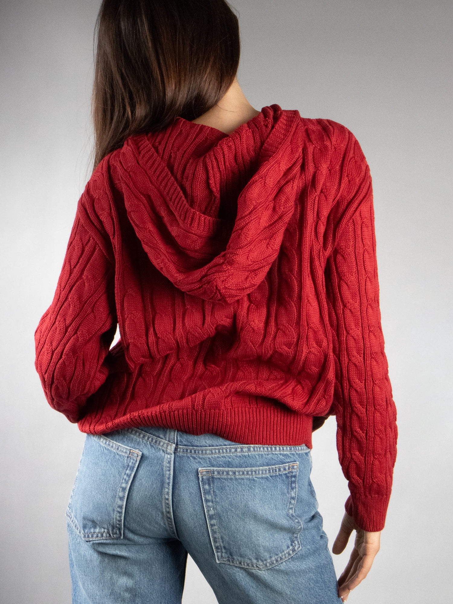 DARING DIVA Women's Stylish Oversized Cable Knit Hooded Sweater S Red