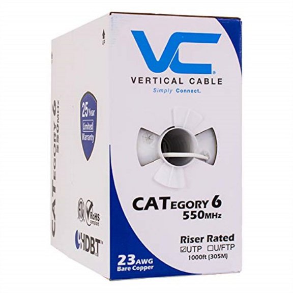vertical cable cat6, 550 mhz, utp, 23awg, solid bare copper, 1000ft, white, bulk ethernet cable - 060 series