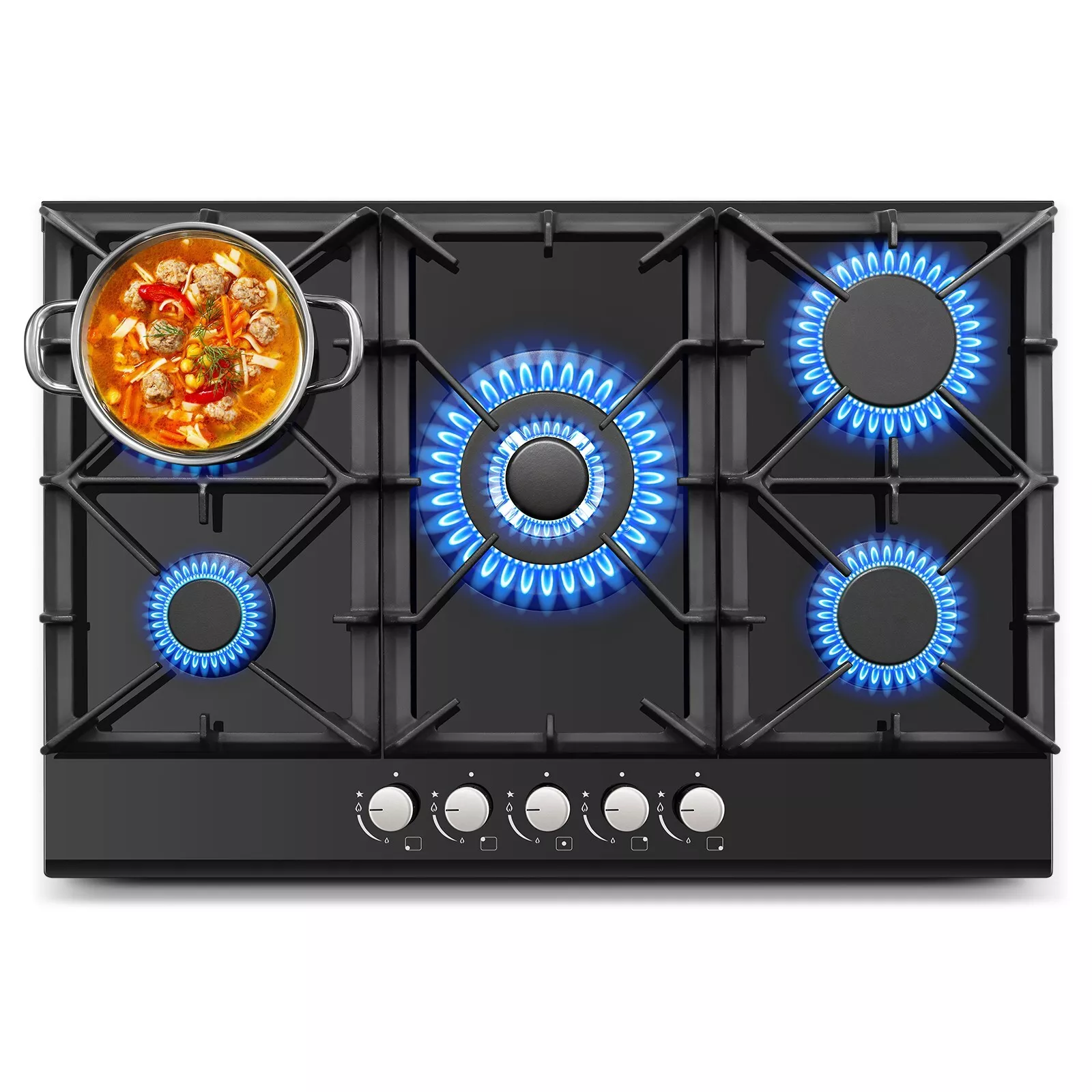 Gas Cooktop 30 Inch, Amzgachfktch 5 Burners Gas Stove, Built-in NG/LPG Convertible Gas Stove Top, Black Tempered Glass Propane Cooktop with Thermocouple Protection