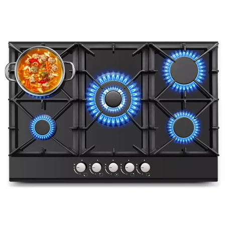 Gas Cooktop 30 Inch, Amzgachfktch 5 Burners Gas Stove, Built-in NG/LPG Convertible Gas Stove Top, Black Tempered Glass Propane Cooktop with Thermocouple Protection