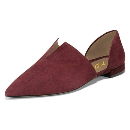 YDN Women Classic Pointed Closed Toe D Orsay Ballet Flats V Cut Chunky Low Heels Slip On Office Dress Loafer Casual Shoes Size 7 Dark Red