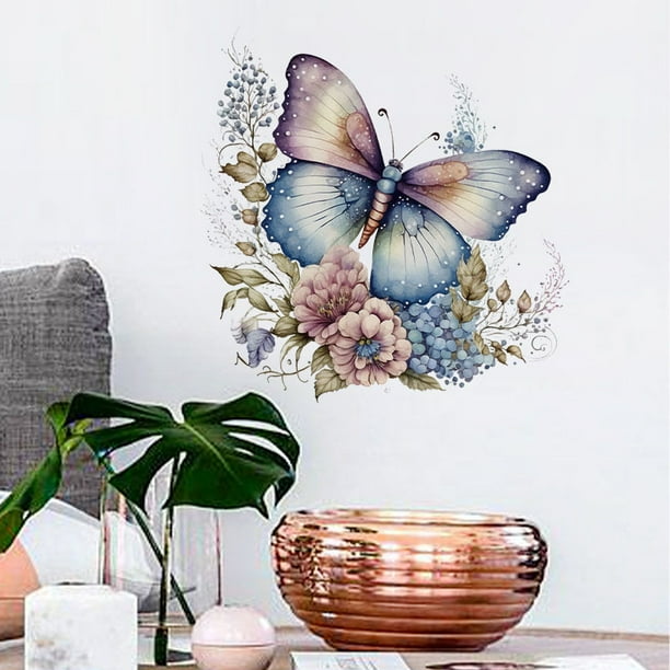 Adhesivos de pared con mariposas y flores, acuarela, PVC, 30 x 30 cm