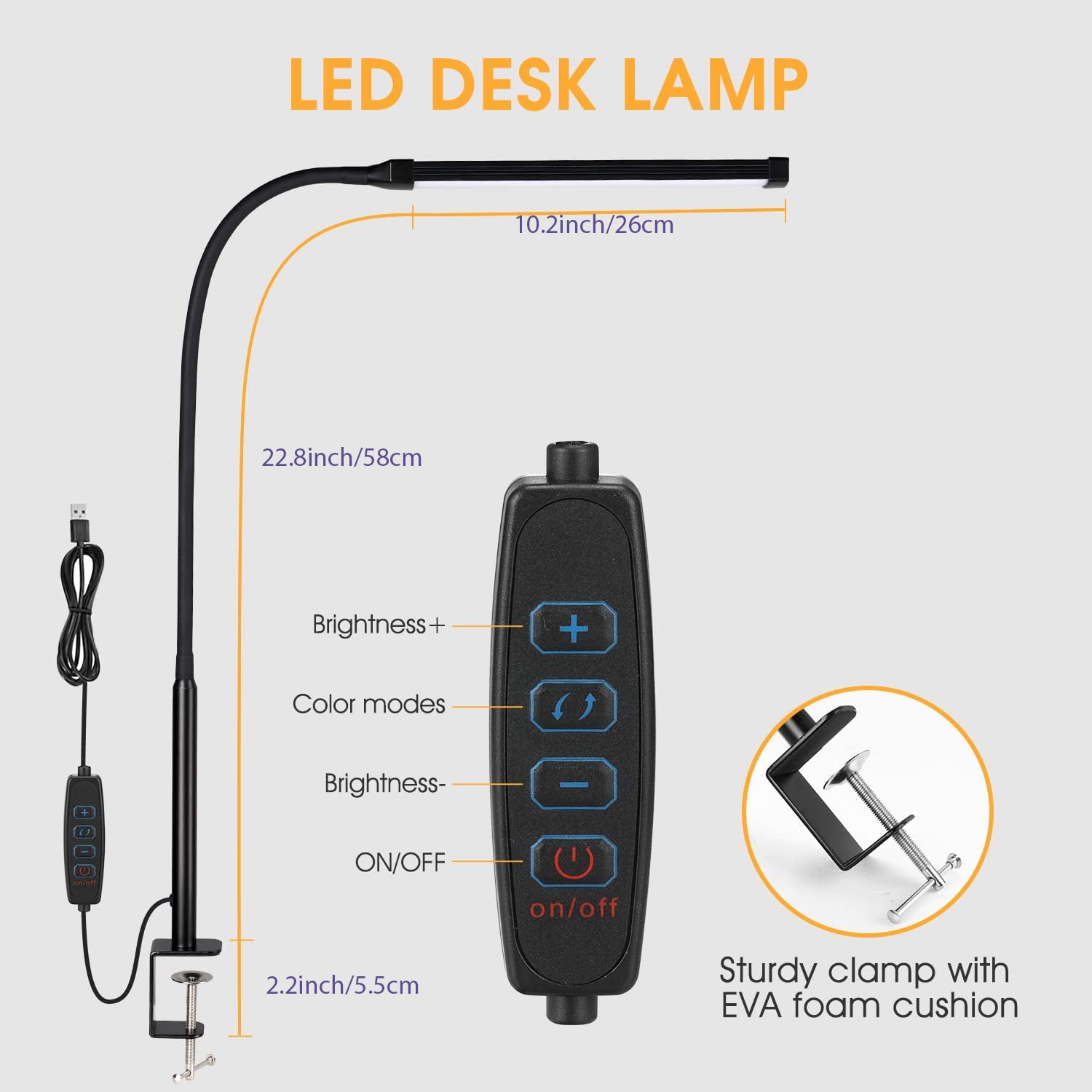 Senya LED Desk lamp with Clamp, Eye-caring Clip on Lights for Home Office, 3 Modes 10 Brightness, Long Flexible Gooseneck,Metal, Swing Arm Architect Task Table Lamps with USB Adapter, Black