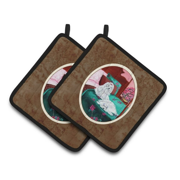 Carolines Treasures 7110PTHD Maltese and puppy waiting on you Pair of Pot Holders 7.5HX7.5W multicolor