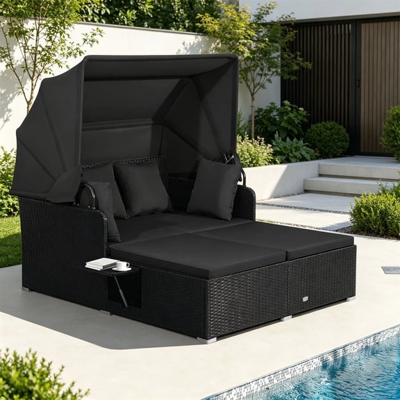 Hommoo Patio Rattan PE Wicker Daybed Lounge with Retractable Canopy and Side Tables, Black