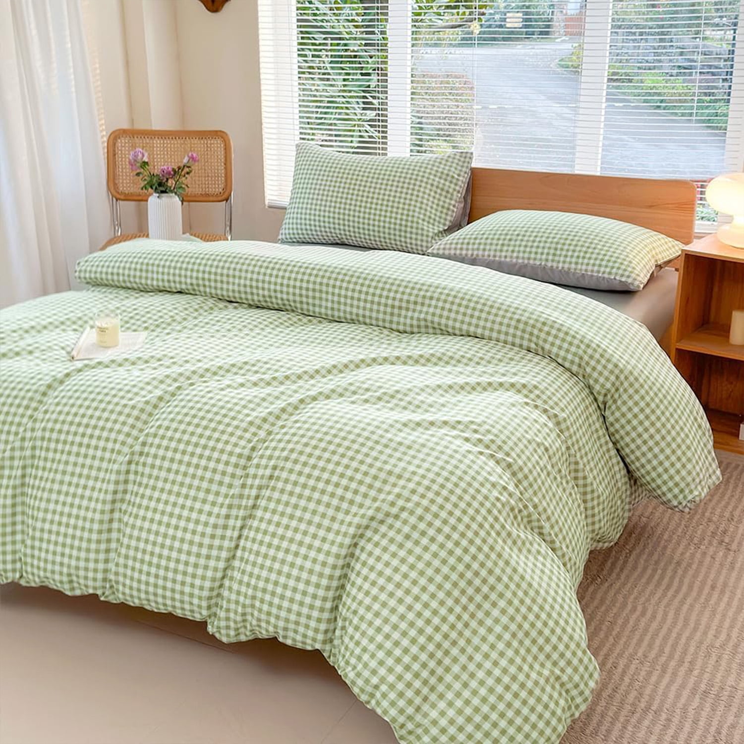 Sage Green Gingham Twin Duvet Cover Set, 2-Piece Checked Bedding Set