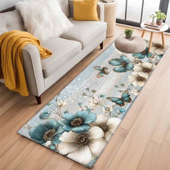 2'x6' Rug Runners for Hallways Kitchen, Teal Tulip Butterfly Non Slip Entryway Beside Floor Carpet Runner, Beige Turquoise Floral Farmhouse Blue Laundry Room Bedroom Throw Rugs Mat for Family Pet