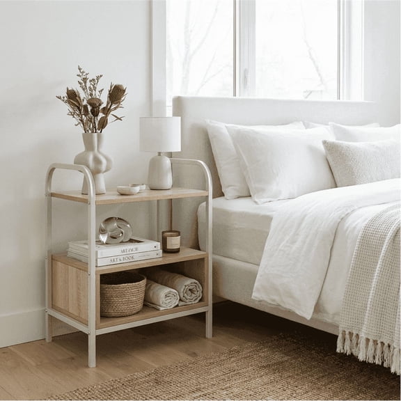 Nightstand with Drawer and Open Storage Shelf, Modern Minimalist Wood Nightstand, Bedside Table with Metal Frame, Small End Table for Bedroom, Living Room, Easy Assembly, Natural Oak