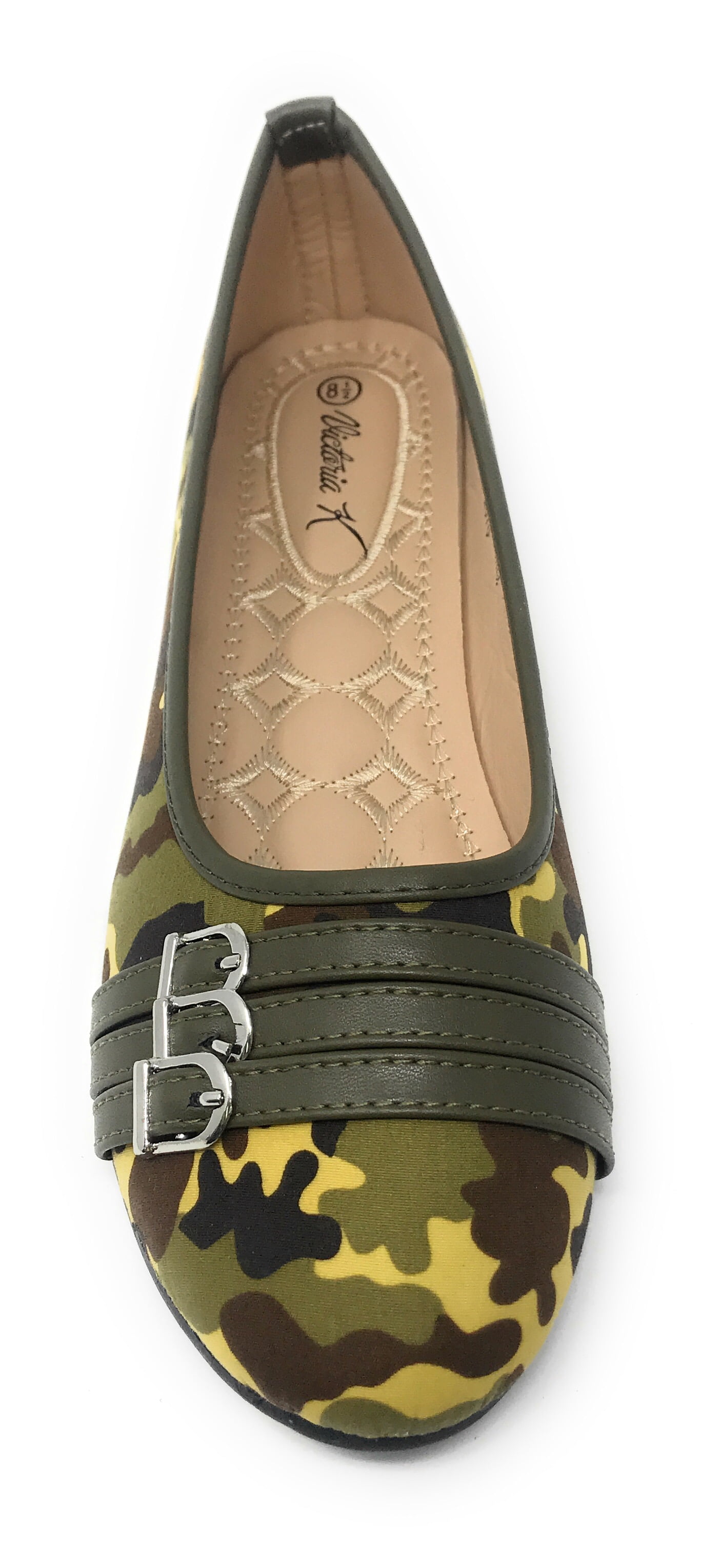 Victoria K Women's Camouflage Print Three Belt Straps With Buckles Ballerina Flats