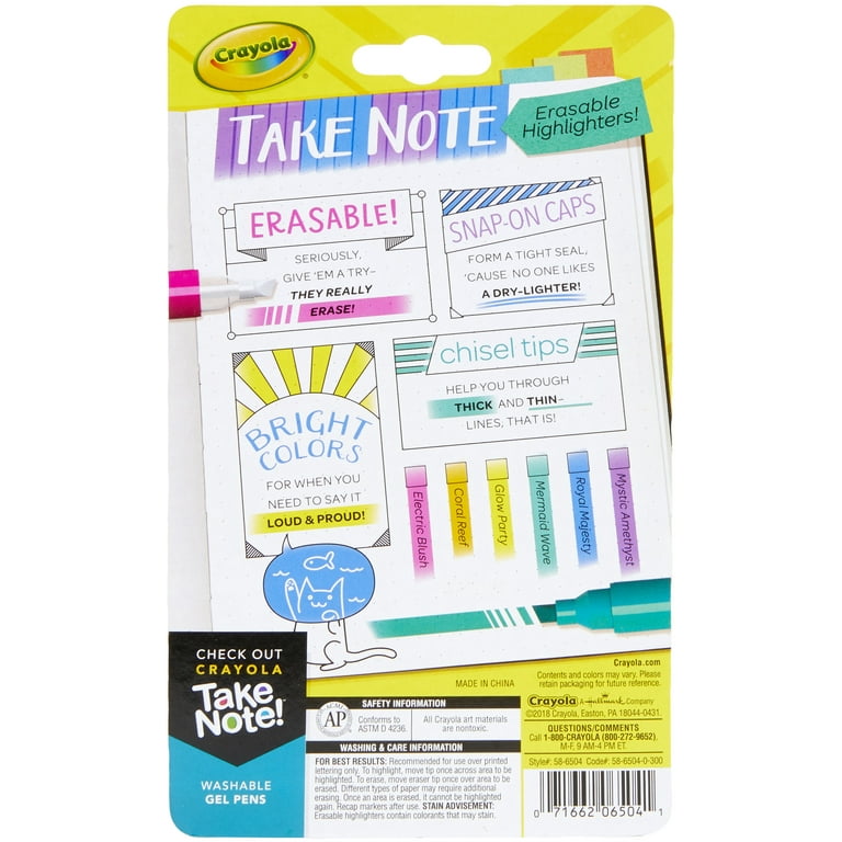  Crayola Take Note Erasable Highlighters, Cool School Supplies,  Chisel Tip Markers, 6 Count : Everything Else