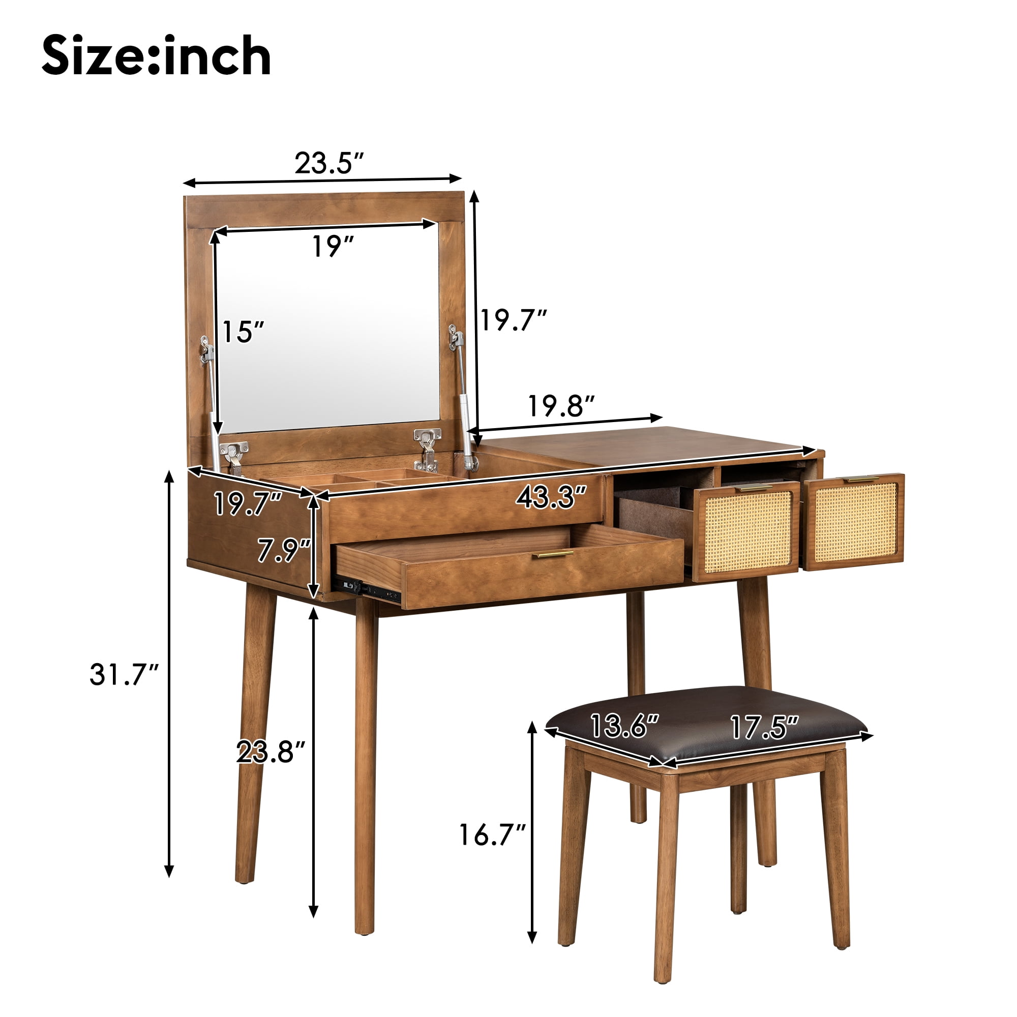 Makeup Vanity Table, With Flip Top Mirror Stool And 3 Drawers, Solid Wood Dressing Table, Rattan Design Upholstered Stool For Bedroom, Brown
